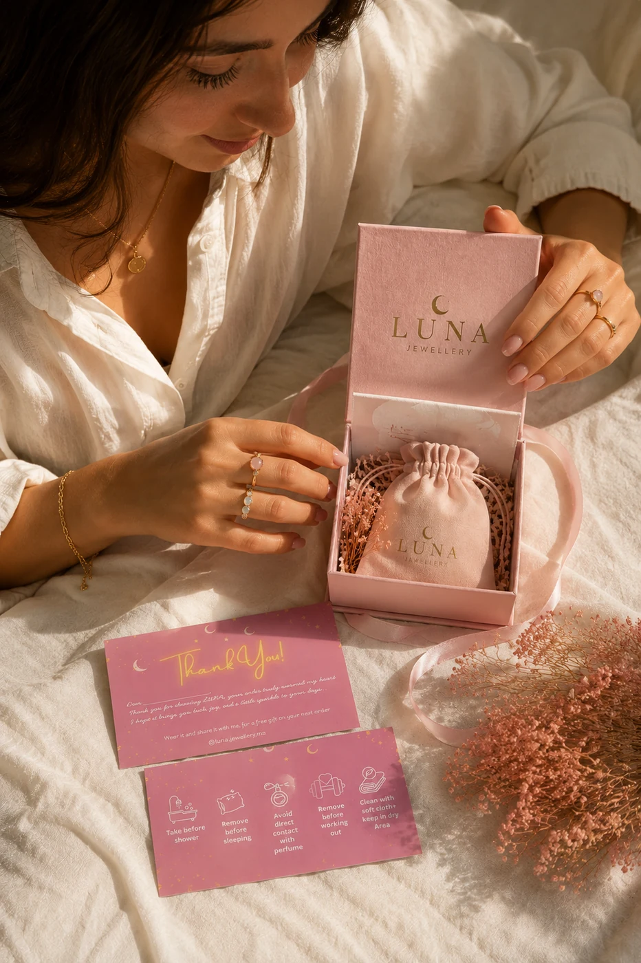 LUNA Jewellery — coffret cadeau, bijoux et carte de remerciement